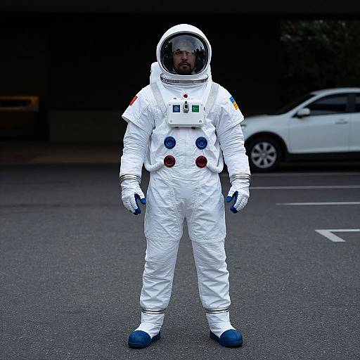 Photograph of a man in a white astronaut suit with blue boots, gloves, and buttons, standing on a dark street with a white car in the