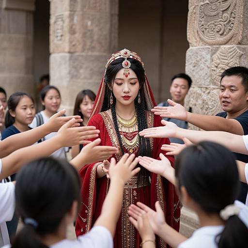 Photograph of an Asian bride in traditional red and gold wedding attire, with a headpiece and red bindi, surrounded by outstretched hands of