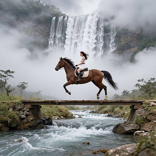 Photograph of a woman with long brown hair riding a brown horse across a wooden bridge, overlooking a powerful waterfall surrounded by mist and lush greenery.