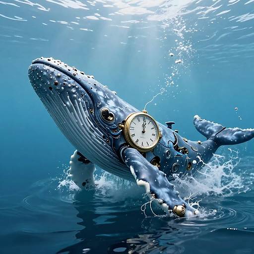 Digital art of a blue whale with a clock on its chest, swimming underwater, surrounded by bubbles and light rays.
