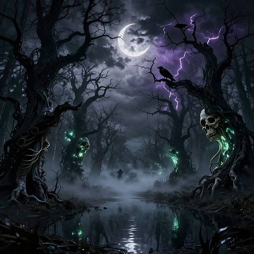 Digital artwork of a eerie, dark forest under a moonlit sky with purple lightning, skeletal trees, glowing green eyes, and a reflective waterway.