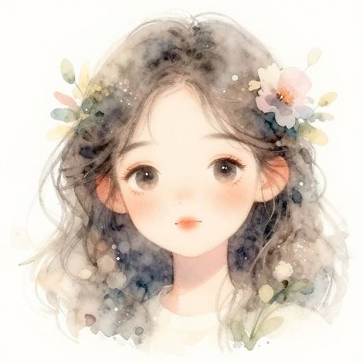 Watercolor portrait of a young girl with delicate features, large eyes, and wavy brown hair adorned with flowers, set against a soft, white background