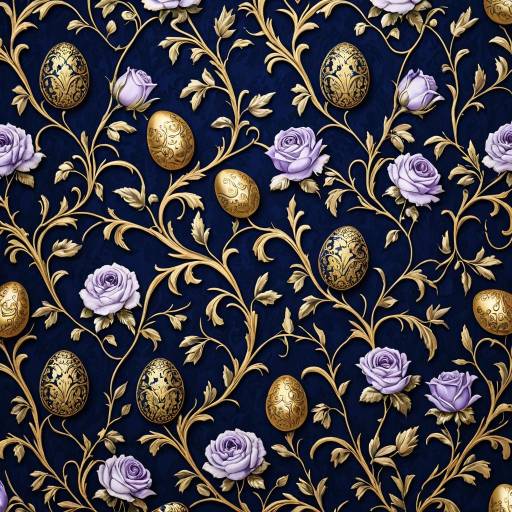 Baroque Midnight Blue Wallpaper with Lavender Roses and Gold Eggs