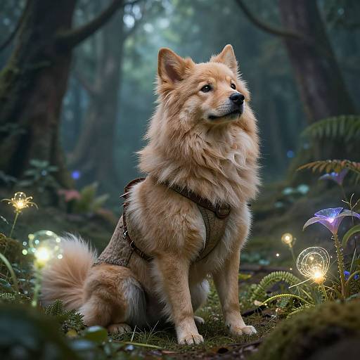Digital painting of a fluffy, golden-furred dog with a harness, sitting in a mystical forest illuminated by glowing fairy lights.