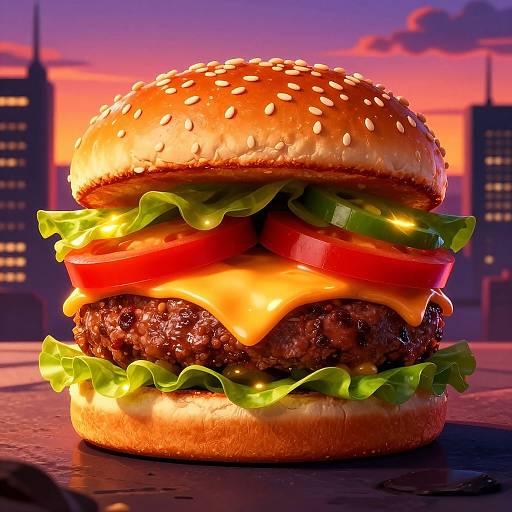 Photorealistic CGI of a juicy, cheeseburger with sesame seed bun, lettuce, tomato, cheese, and beef, against a sunset cityscape.