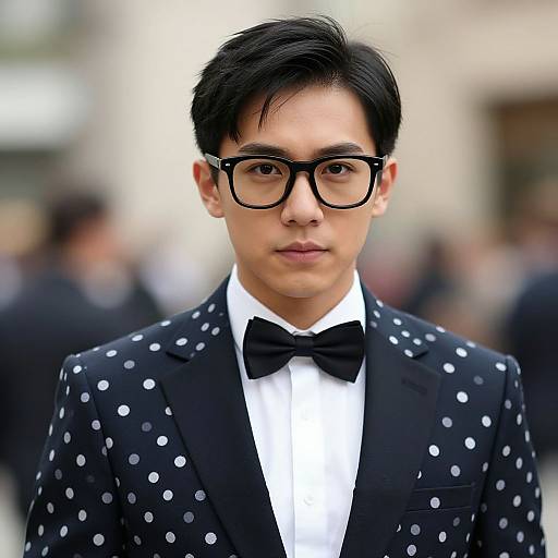 Photograph of an Asian man with black hair, glasses, and a polka dot tuxedo, bow tie, and white shirt, standing outdoors