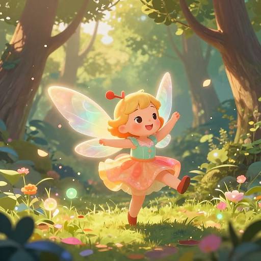 Digital illustration of a cheerful, blonde fairy girl with glowing wings, orange dress, and red bow, dancing in a sunlit forest.