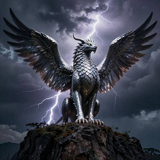 Digital artwork of a metallic, lightning-struck griffin with spread wings, standing on a rocky cliff against a stormy, lightning-filled sky.