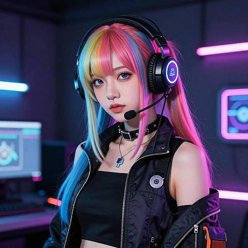 Cyberpunk Vtuber Woman in Neon Room