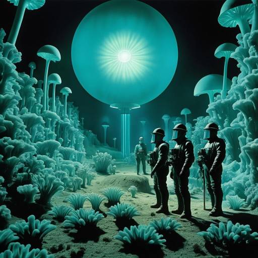 Miners in Biohazard Exosuits in Bioluminescent Underground Cave