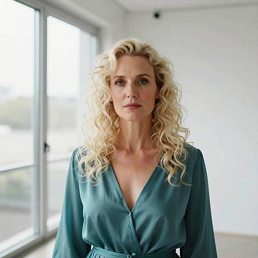 Photograph of a blonde woman with curly hair, wearing a teal V-neck blouse, standing in a bright, modern room with large windows.