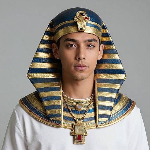 Photograph of a young man with medium brown skin wearing an Egyptian pharaoh-style headdress and white robe, adorned with gold and blue stripes, and