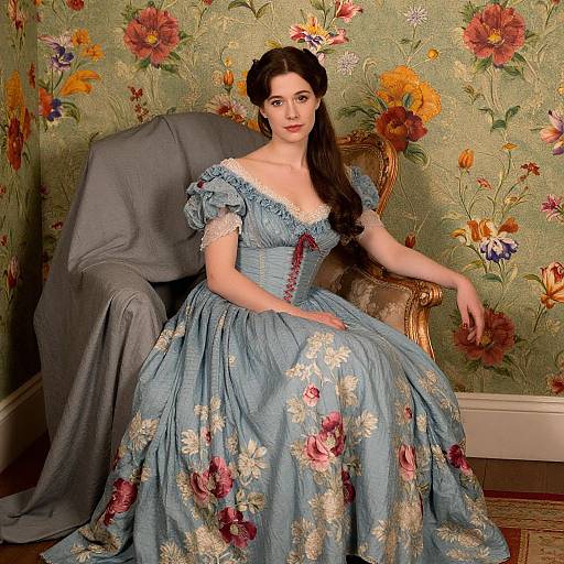 Photograph of a fair-skinned woman with long brown hair, wearing a blue floral ball gown, seated on an ornate chair against a green floral