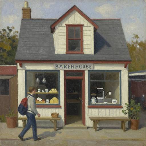 Oil painting of a quaint bakery with white and red exterior, a man walking by, and bread displayed in the window.