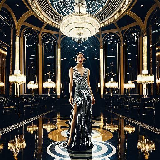 Elegant Woman in Metallic Dress in Art Deco Ballroom