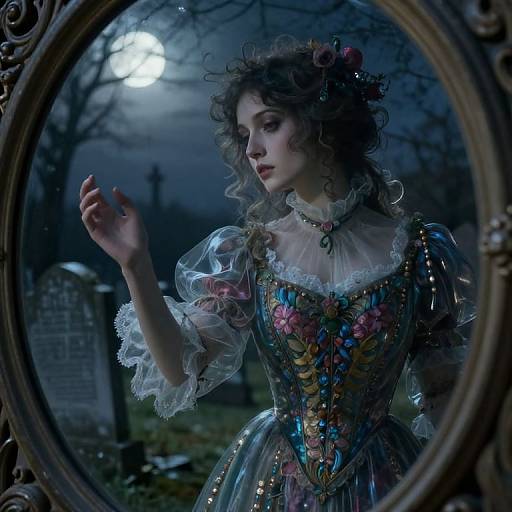 Photograph-like digital art of a pale, curly-haired woman in a Victorian-style, floral-embroidered dress, illuminated by moonlight, reflected