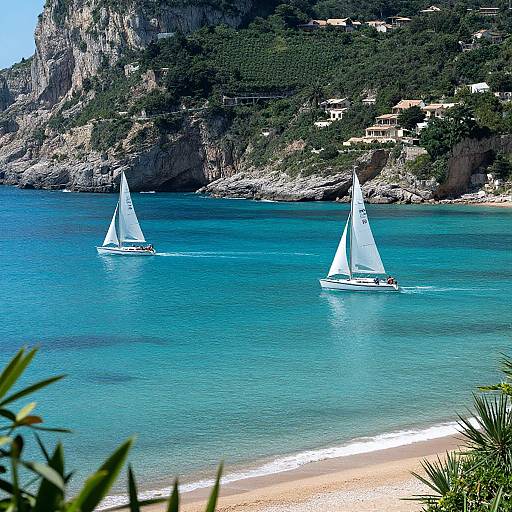 Photograph of two white-sailed boats on turquoise waters, with a rocky, forested coastline and a sandy beach in the background.