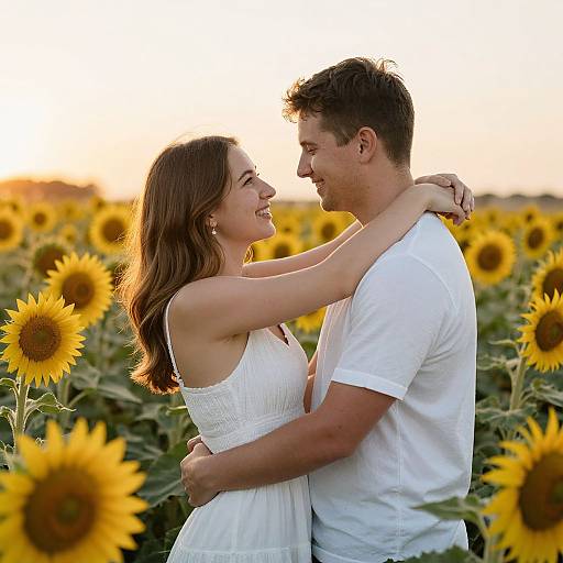 Photograph of a smiling couple embracing in a sunflower field at sunset, wearing white clothes, with yellow sunflowers in the background.