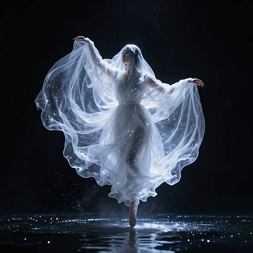 Photograph of a glowing, ethereal figure in a flowing, translucent white dress, dancing against a black background with sparkling effects.