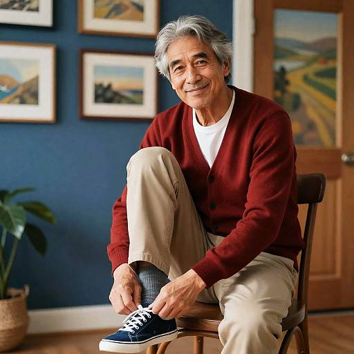 Cheerful Man Tying Shoes in Artistic Space