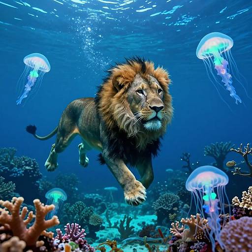 Photograph of a majestic male lion swimming underwater with glowing blue jellyfish and colorful coral reefs in a deep blue ocean.
