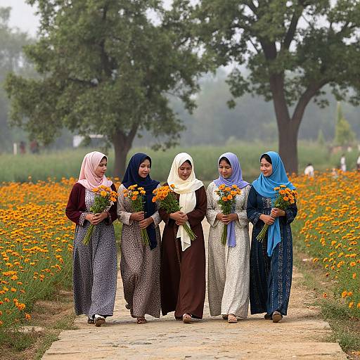 Women in Traditional Dress Amid Orange Flowers