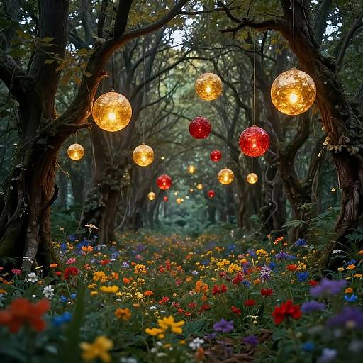 Photograph of a magical forest path adorned with glowing red and yellow spherical lights, flanked by colorful wildflowers and tall, twisted trees.
