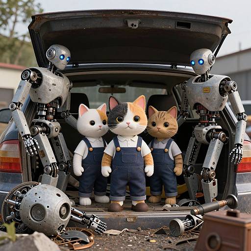 Photograph of two anthropomorphic cat children in blue overalls, standing between two robotic arms, in a car trunk with scattered metal parts.