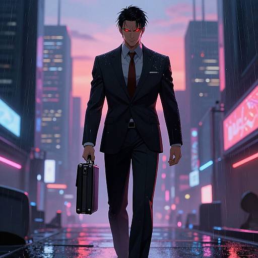 Cyberpunk anime-style illustration: Dark-haired man in a black suit and red tie, carrying a briefcase, walks through a rainy, neon-l