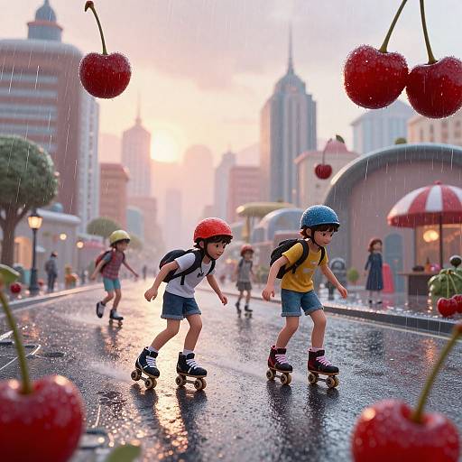 Photograph-style CGI of two children rollerblading in a rainy city street, wearing helmets, with cherry motifs in the foreground.