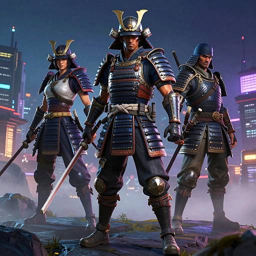 Photograph-style CGI of three samurai warriors in detailed armor, standing in a neon-lit, futuristic city, holding swords, with misty ground