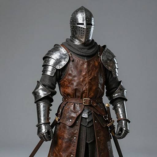 Photograph of a medieval knight in shiny silver armor, brown leather tunic, black chainmail, and helmet with a narrow eye slit, set against