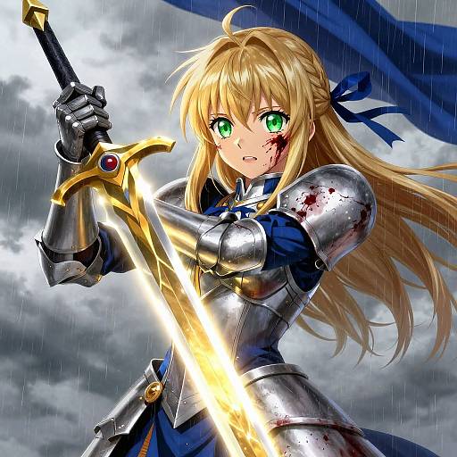 Digital anime-style drawing of a blonde, green-eyed female knight in silver armor, holding a glowing sword, bloodstains visible, rainy cloudy background.