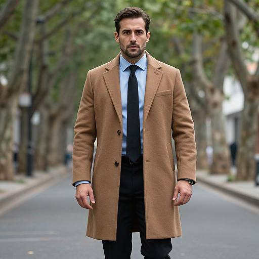 Photograph of a handsome, bearded man with dark hair in a tan overcoat, black tie, and suit, walking down a tree-lined street