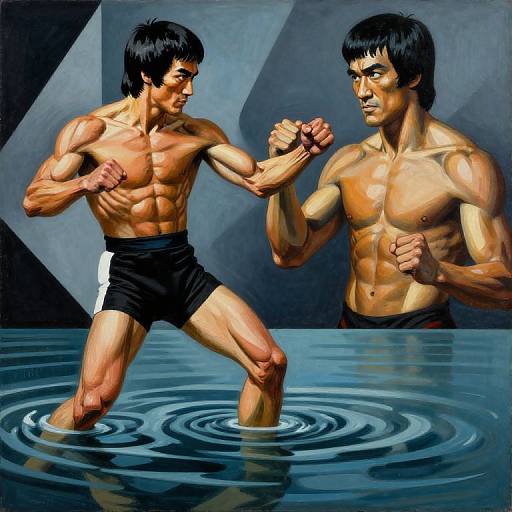 Digital artwork of two muscular Asian men with black hair, wearing black shorts, standing in water, fists raised, intense expressions.