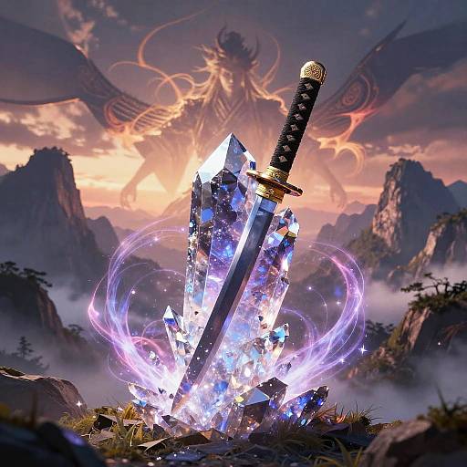 Digital fantasy artwork of a glowing crystal sword with purple energy rings, standing amidst jagged rocks, against a dramatic sunset sky with a demonic winged figure
