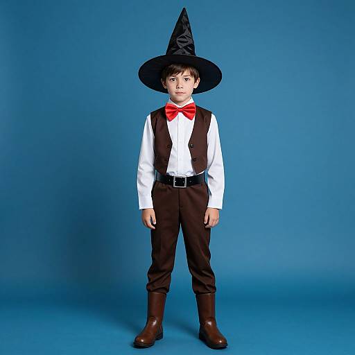 Photograph of a young boy in a black witch hat, white shirt, brown vest, red bowtie, brown pants, and brown boots, standing