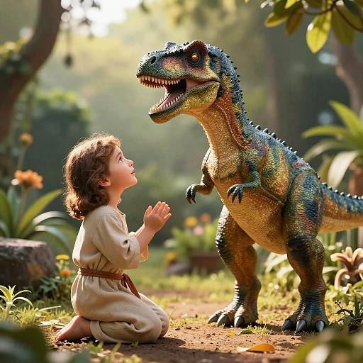 Jesus and Dinosaur in Serene Garden