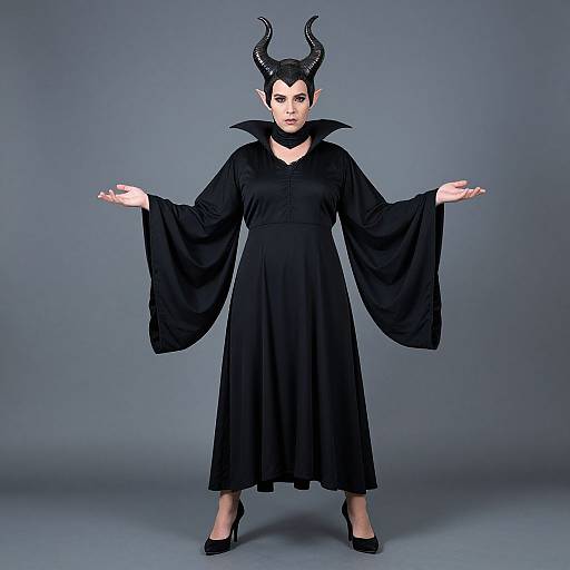 Photograph of a woman in black, gothic costume with horned headpiece, wide-sleeve dress, and high heels, standing against gray