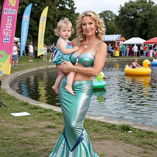 Photograph of a blonde woman with curly hair in a green, shimmering mermaid dress holding a blonde toddler in a matching outfit, at a colorful