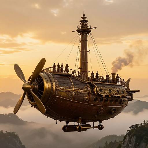 Steampunk airship with brass propeller and intricate detailing, silhouetted against a golden sunset sky, floating above misty mountainous landscape