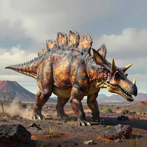 Realistic Stegosaurus in Volcanic Landscape