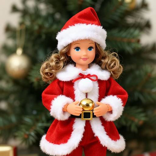 Photograph of a doll with curly blonde hair, blue eyes, wearing a red Santa outfit with white trim, holding a golden bell, against a blurred
