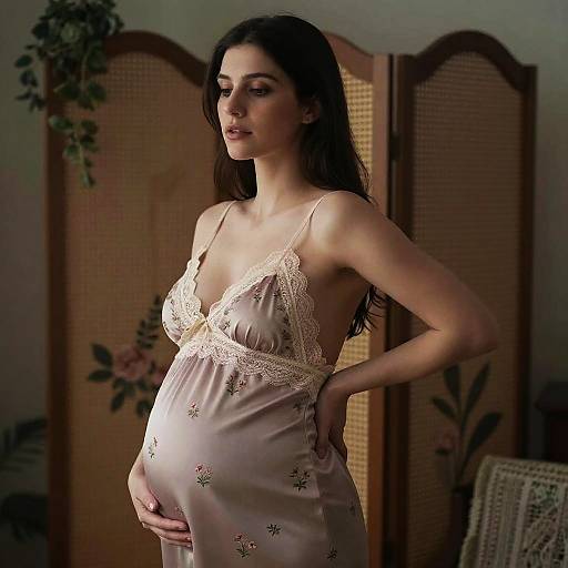 Pregnant woman with long dark hair in a delicate lace-trimmed, light pink nightgown, standing in a softly lit room with a