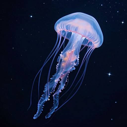 Photograph of a glowing blue jellyfish with translucent, flowing tentacles against a dark, starry ocean background.