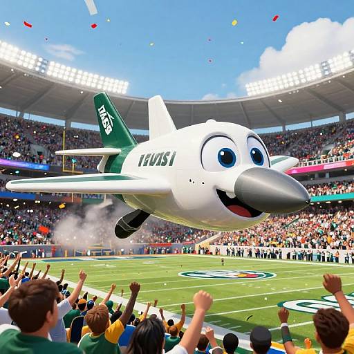 Digital illustration of a cartoonish white jet with large eyes and smiling beak flying over a stadium, surrounded by cheering fans and colorful confetti.