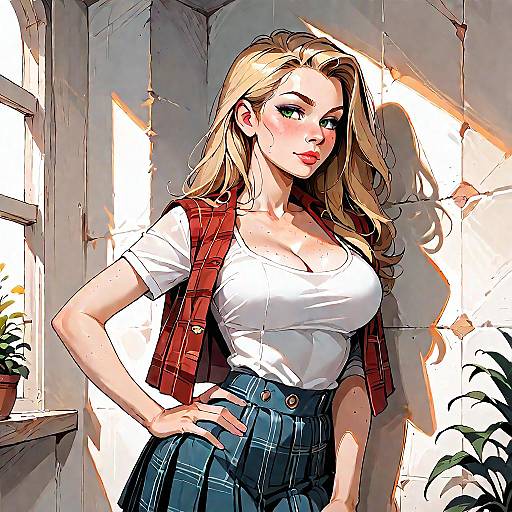 Blonde Woman in Plaid Skirt and Crop Top
