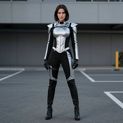 Photograph of a confident woman with dark hair, wearing a silver and black armored bodysuit, black gloves, and thigh-high boots, standing in
