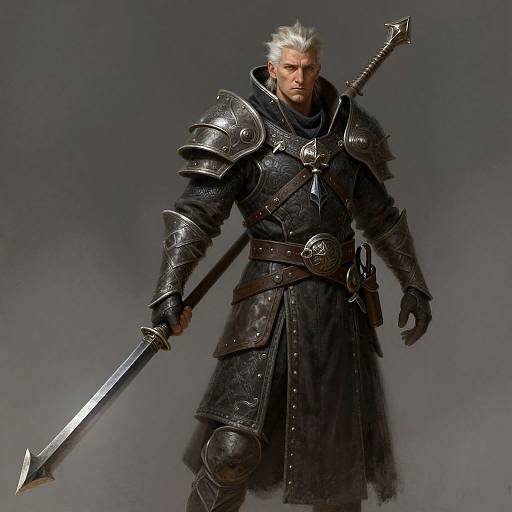 Photorealistic digital art of a muscular, silver-haired warrior in dark, ornate medieval armor holding a large, silver-tipped sword, standing against