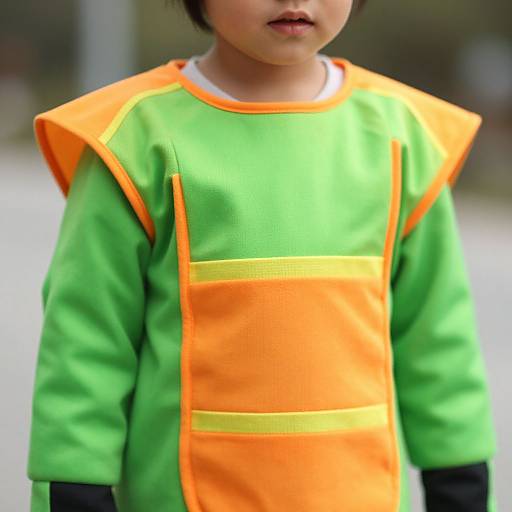 Photograph of an Asian child wearing a bright green and orange safety vest with reflective stripes, standing outdoors.